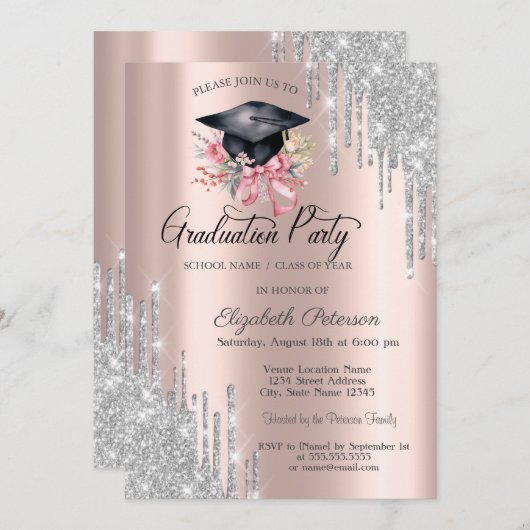 Silver Glitter Drips Floral Grad Cap Rose Gold Kaart (Voorkant / Achterkant)