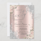Silver Glitter Drips Flowers Rose Gold 60th Kaart (Voorkant)