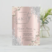 Silver Glitter Drips Flowers Rose Gold 60th Kaart (Staand voorkant)