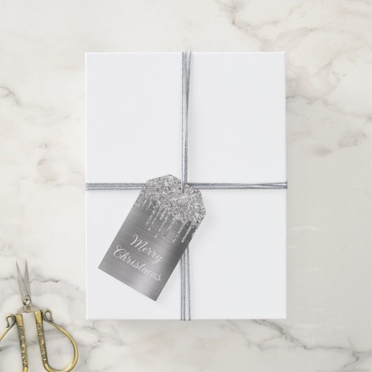 Silver Glitter Drips Folie Vrolijk kerstfeest Cadeaulabel (Met Touw)