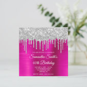 Silver Glitter Drips Hot Pink Folie 40e Verjaardag Kaart (Staand voorkant)