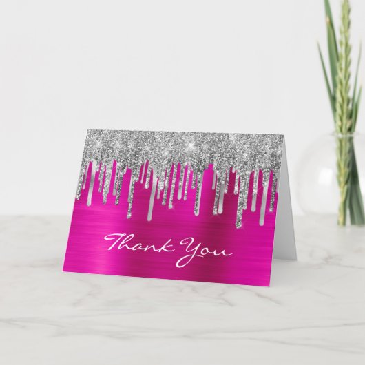 Silver Glitter Drips Hot Pink Folie 50e Verjaardag Bedankkaart (Voorkant)