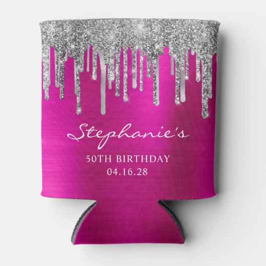 Silver Glitter Drips Hot Pink Folie 50e Verjaardag Blikjeskoeler (Voorkant)
