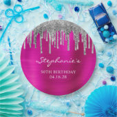 Silver Glitter Drips Hot Pink Folie 50e Verjaardag Papieren Bordje (Feest)