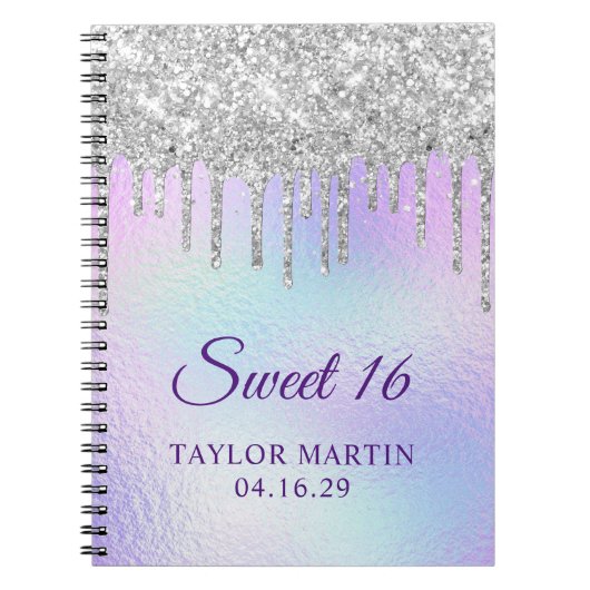 Silver Glitter Drips Iridescent Sweet 16 Gast Notitieboek (Voorkant)