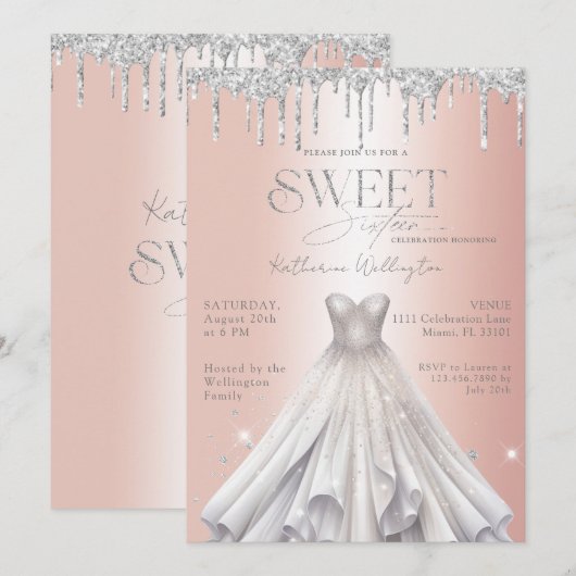 Silver Glitter Drips Jurk Roos Goud Sweet 16 Kaart (Voorkant / Achterkant)