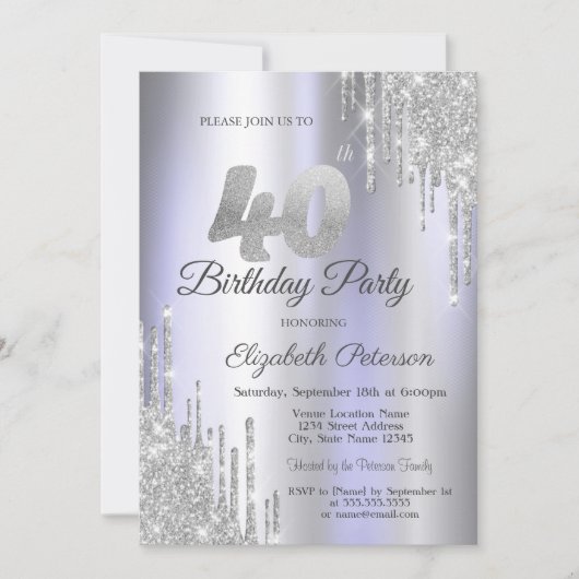 Silver Glitter Drips Licht Paarse 40e Verjaardag Kaart (Voorkant)