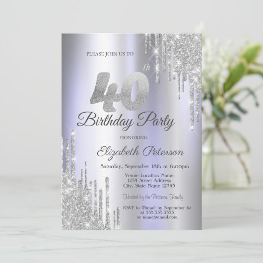 Silver Glitter Drips Licht Paarse 40e Verjaardag Kaart (Staand voorkant)
