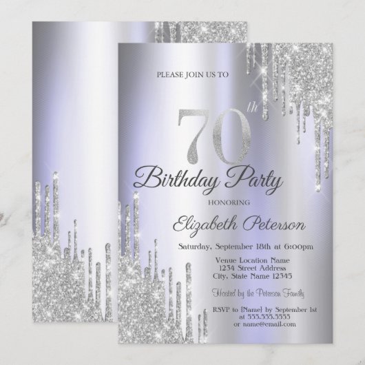 Silver Glitter Drips Licht Paarse 70e Verjaardag Kaart (Voorkant / Achterkant)