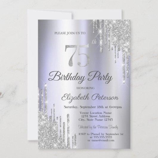 Silver Glitter Drips Licht Paarse 75e Verjaardag Kaart (Voorkant)