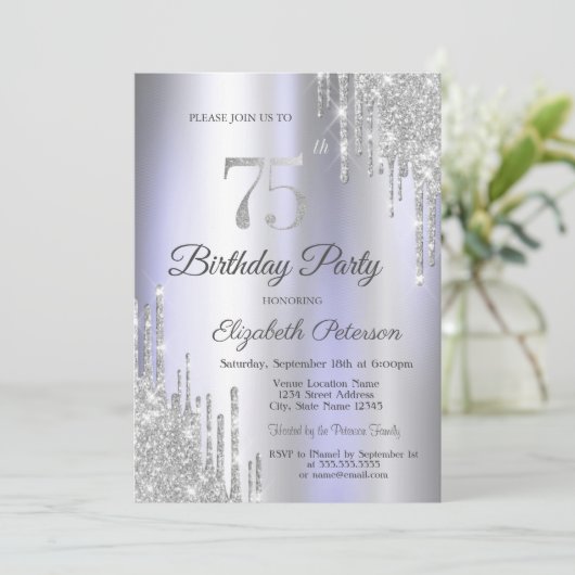 Silver Glitter Drips Licht Paarse 75e Verjaardag Kaart (Staand voorkant)