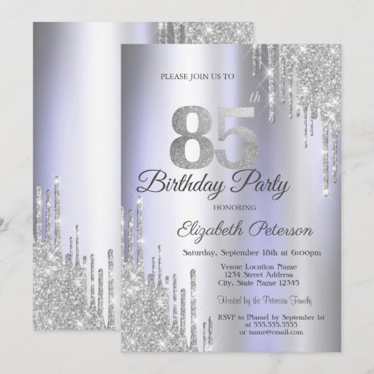 Silver Glitter Drips Licht Paarse 85e Verjaardag Kaart (Voorkant / Achterkant)