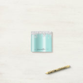 Silver Glitter Drips Light Teal Shimmer Post-it® Notes (Op bureau)