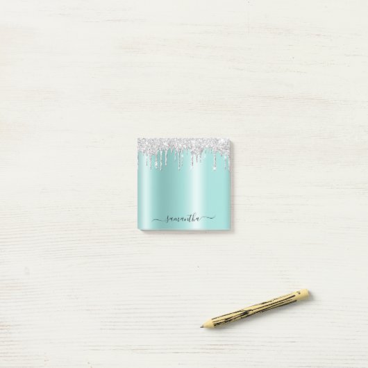 Silver Glitter Drips Light Teal Shimmer Post-it® Notes (Op bureau)