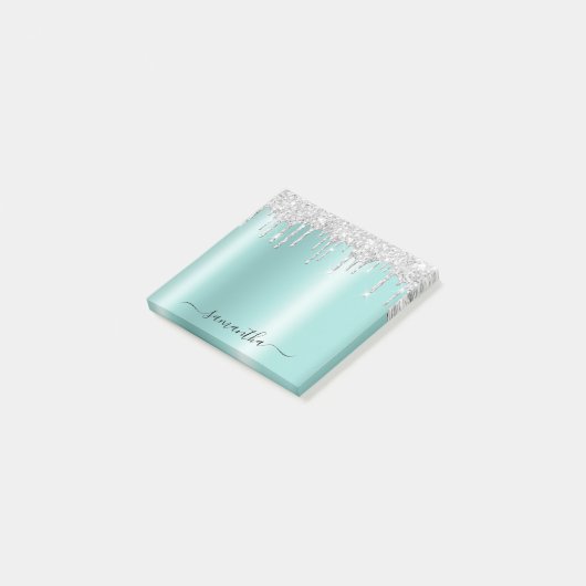 Silver Glitter Drips Light Teal Shimmer Post-it® Notes (Schuin)