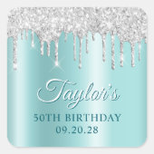 Silver Glitter Drips Light Turquoise Drop Shadow Vierkante Sticker (Voorkant)