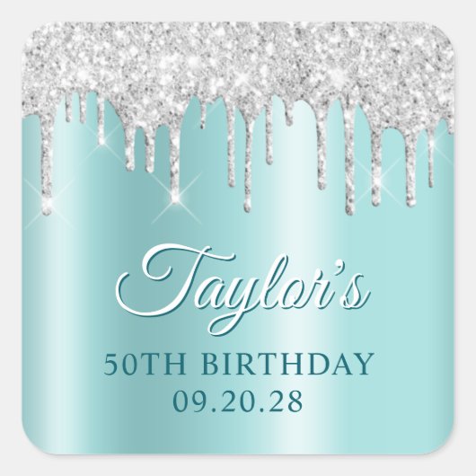 Silver Glitter Drips Light Turquoise Drop Shadow Vierkante Sticker (Voorkant)