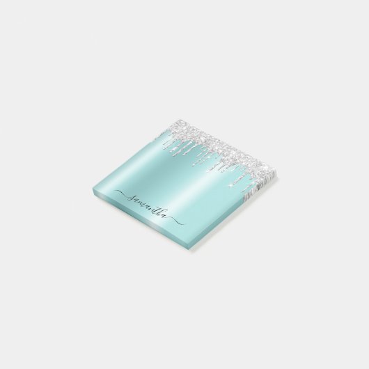 Silver Glitter Drips Light Turquoise Shimmer Post-it® Notes (Schuin)