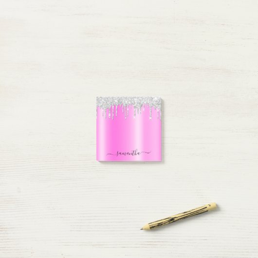 Silver Glitter Drips Magenta Shimmer Post-it® Notes (Op bureau)