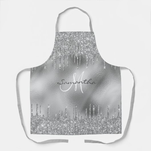 Silver Glitter Drips Metallic Folie Gepersonalisee Schort (Voorkant)