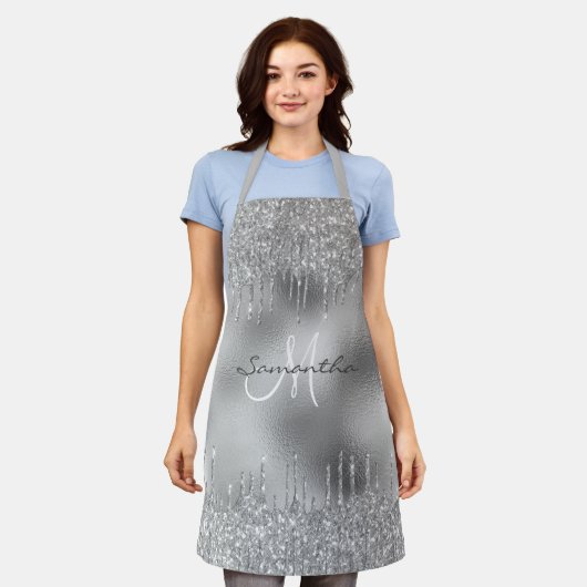 Silver Glitter Drips Metallic Folie Gepersonalisee Schort (Gedragen)
