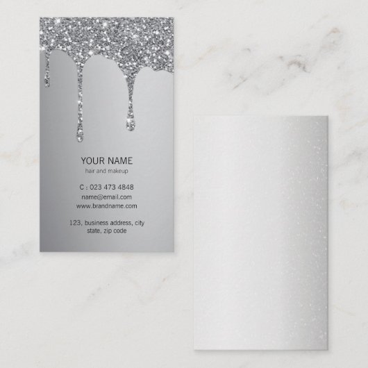 Silver Glitter Drips Metallic Shine Make-up Artist Visitekaartje (Voorkant / Achterkant)
