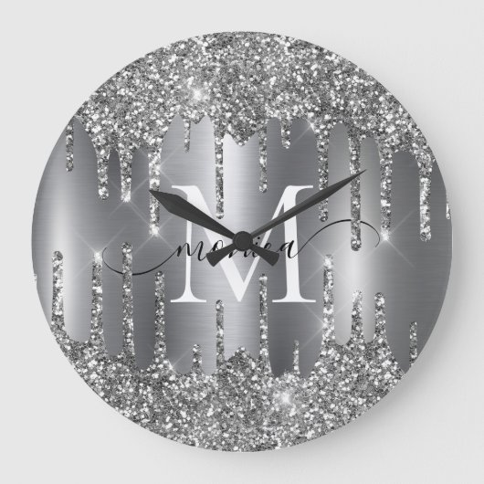 Silver Glitter Drips Monogram Personalized Grote Klok (Voorkant)