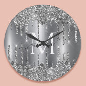 Silver Glitter Drips Monogram Personalized Grote Klok