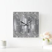 Silver Glitter Drips Monogram Personalized Vierkante Klok (Huis)