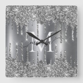 Silver Glitter Drips Monogram Personalized Vierkante Klok (Voorkant)