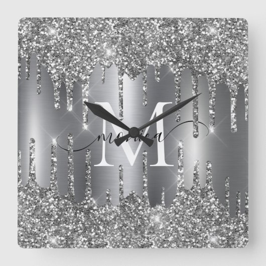 Silver Glitter Drips Monogram Personalized Vierkante Klok (Voorkant)