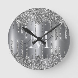 Silver Glitter Drips Monogram Personalized Wall Ronde Klok