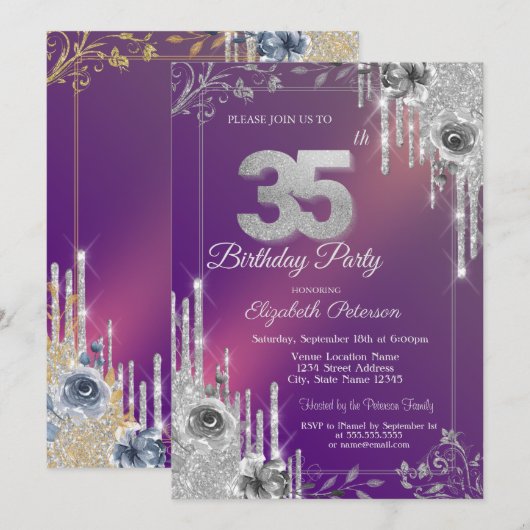 Silver Glitter Drips Paarse Rozen 35e verjaardag Kaart (Voorkant / Achterkant)
