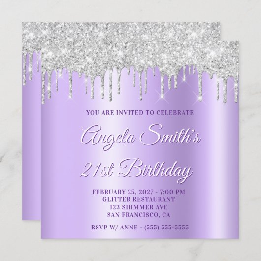 Silver Glitter Drips Pale Lavender Drop Shadow Kaart (Voorkant / Achterkant)