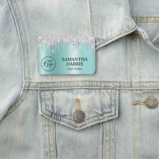 Silver Glitter Drips Pale Teal Ombre Naamplaatje (In situ)