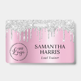 Silver Glitter Drips Pink Shimmer Badge