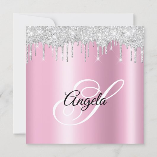 Silver Glitter Drips Pink Shimmer Drop Shadow Kaart (Achterkant)