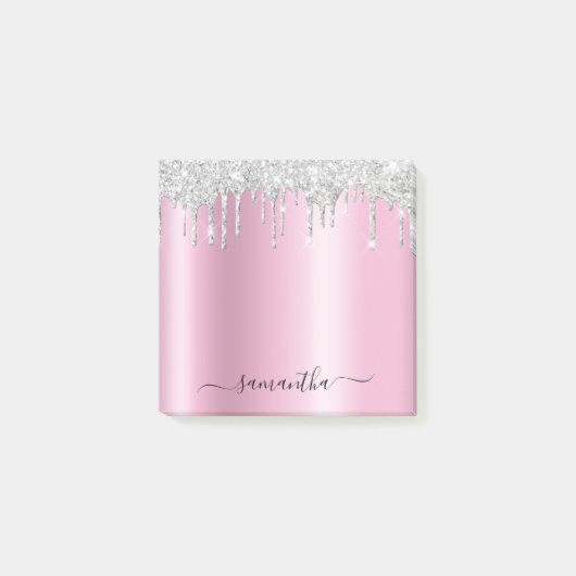 Silver Glitter Drips Pink Shimmer Post-it® Notes (Voorkant)