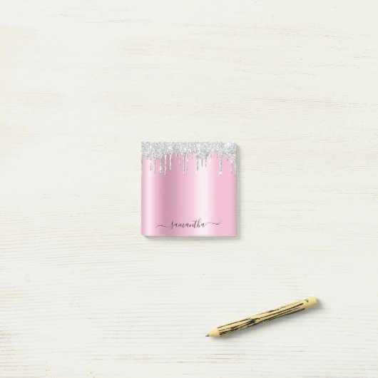Silver Glitter Drips Pink Shimmer Post-it® Notes (Op bureau)