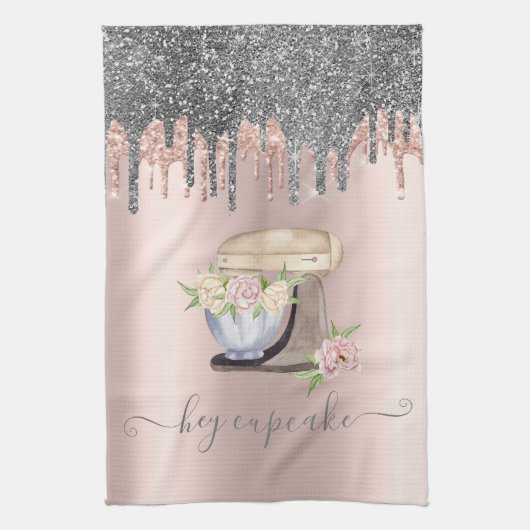 Silver Glitter Drips Retro Mixer Flower Roos Gold Theedoek (Verticaal)