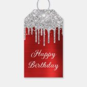 Silver Glitter Drips Rode Folie Happy Birthday Cadeaulabel (Voorkant)
