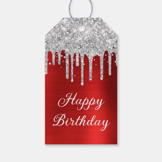 Silver Glitter Drips Rode Folie Happy Birthday Cadeaulabel (Voorkant)