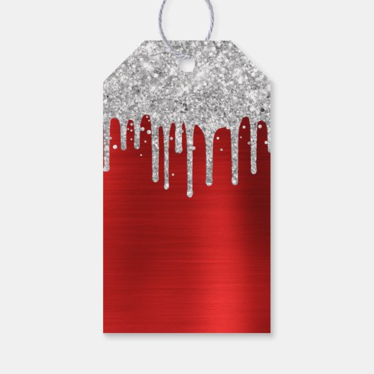 Silver Glitter Drips Rode Folie Happy Birthday Cadeaulabel (Achterkant)