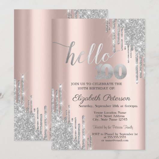 Silver Glitter Drips Roos Gold 100e verjaardag Kaart (Voorkant / Achterkant)