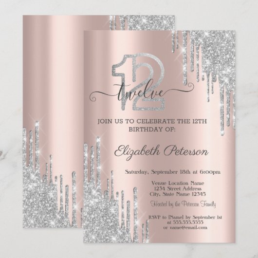 Silver Glitter Drips Roos Gold 12e Verjaardag Kaart (Voorkant / Achterkant)