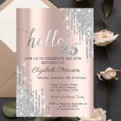 Silver Glitter Drips Roos Gold 25th Birthday Kaart