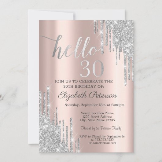 Silver Glitter Drips Roos Gold 30e verjaardag Kaart (Voorkant)