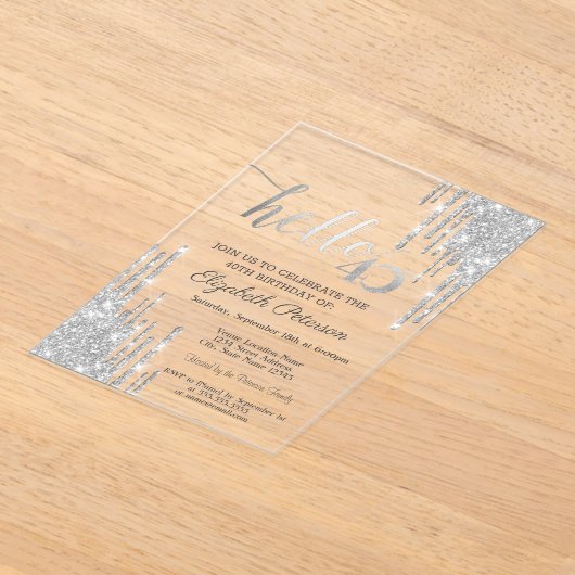 Silver Glitter Drips Roos Gold 40e verjaardag Acryl Uitnodigingen (Laagn)