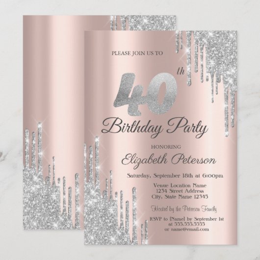 Silver Glitter Drips Roos Gold 40e verjaardag Kaart (Voorkant / Achterkant)