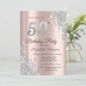 Silver Glitter Drips Roos Gold 50e verjaardag Kaart (Staand voorkant)